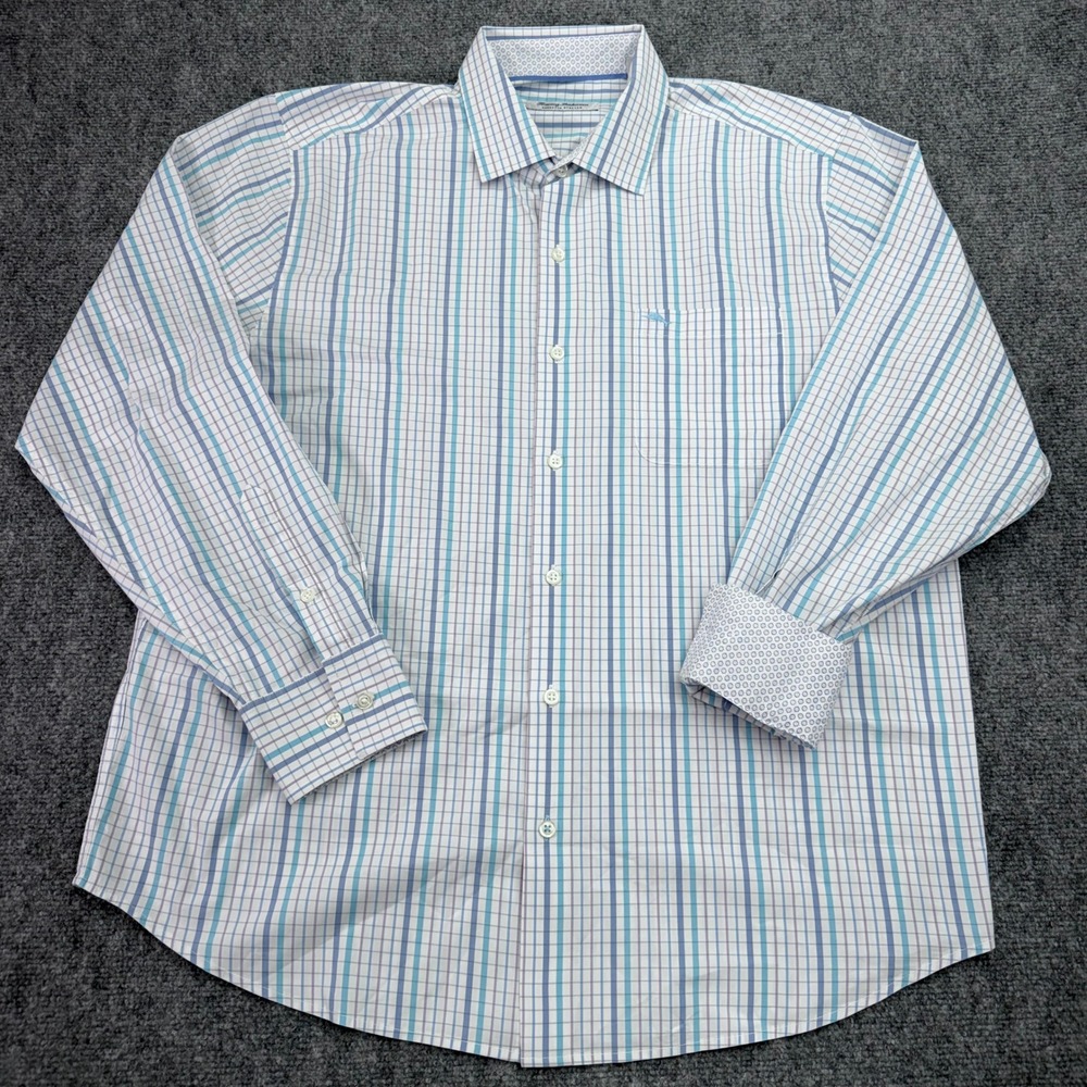 Tommy Bahama Shirt Men Large Blue White Plaid Sarasota Stretch Coolmax Flip Cuff